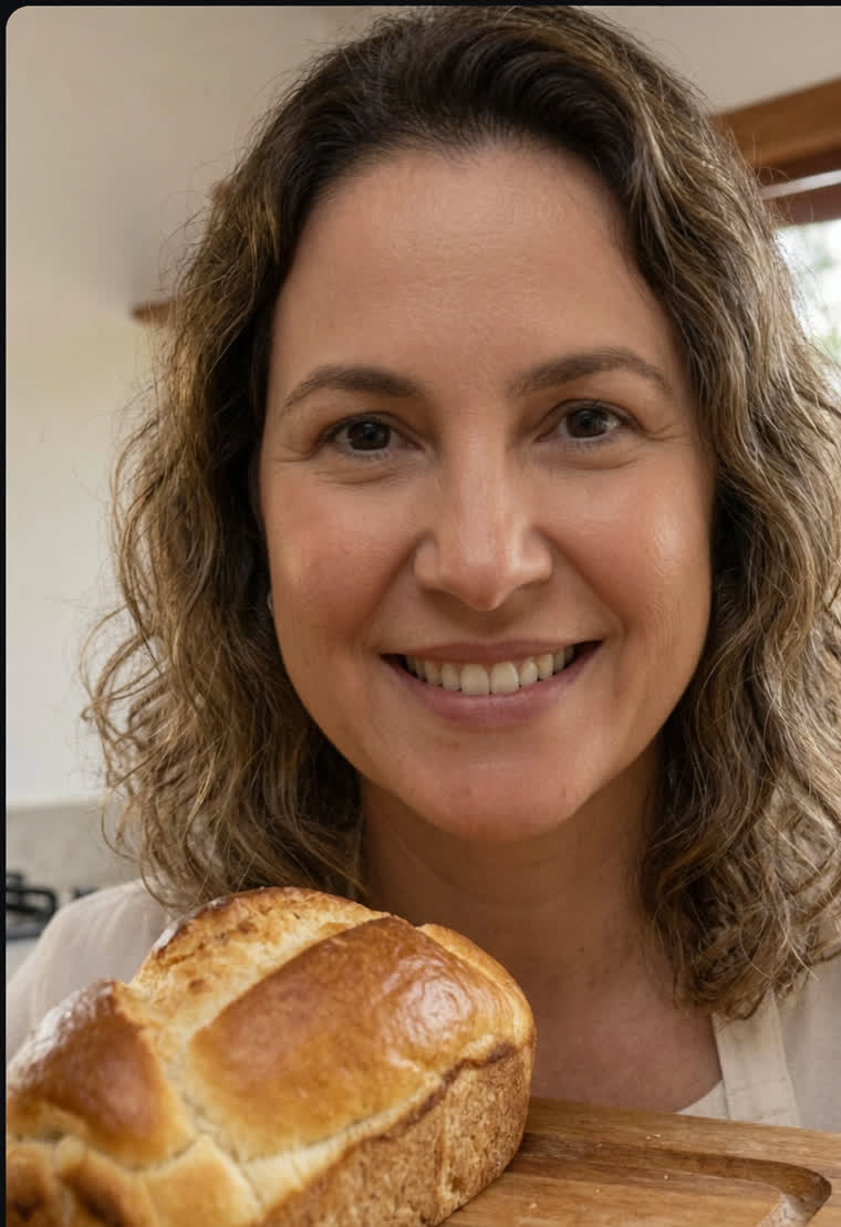 Chef Liliane sorrindo, segurando um pão sem glúten dourado na cozinha